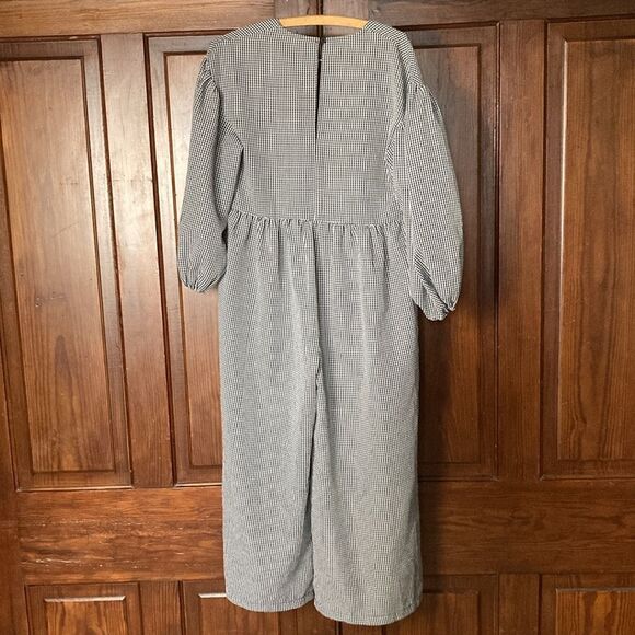 ASOS DESIGN gingham black white v-neck wide leg long sleeve smock jumpsuit 0P - Picture 2 of 9